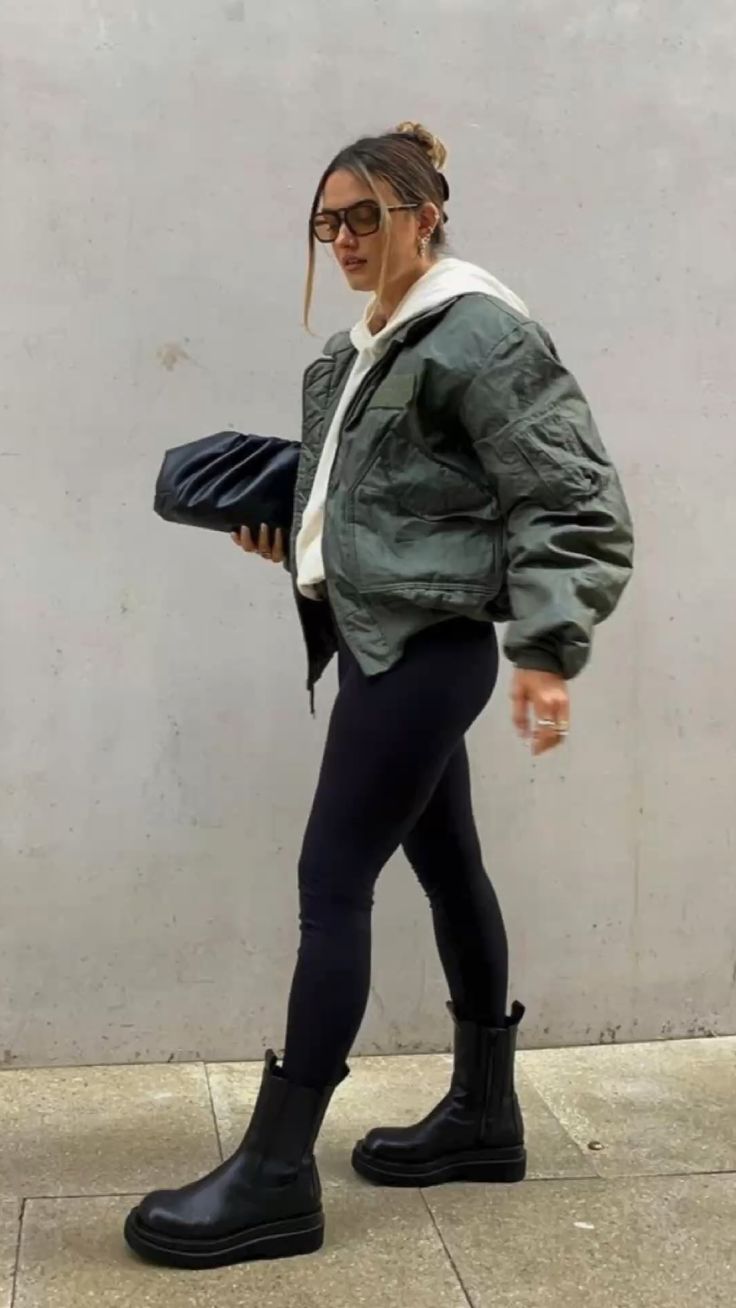 Green Bomber Jacket with Black Chelsea Boots